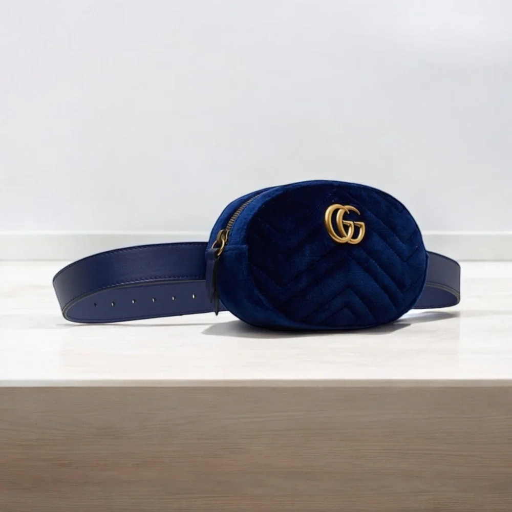 Gucci GG Marmont Matelasse Blue Velvet Belt Bag. Like New! With Box & Dustbag! - Picture 10 of 14